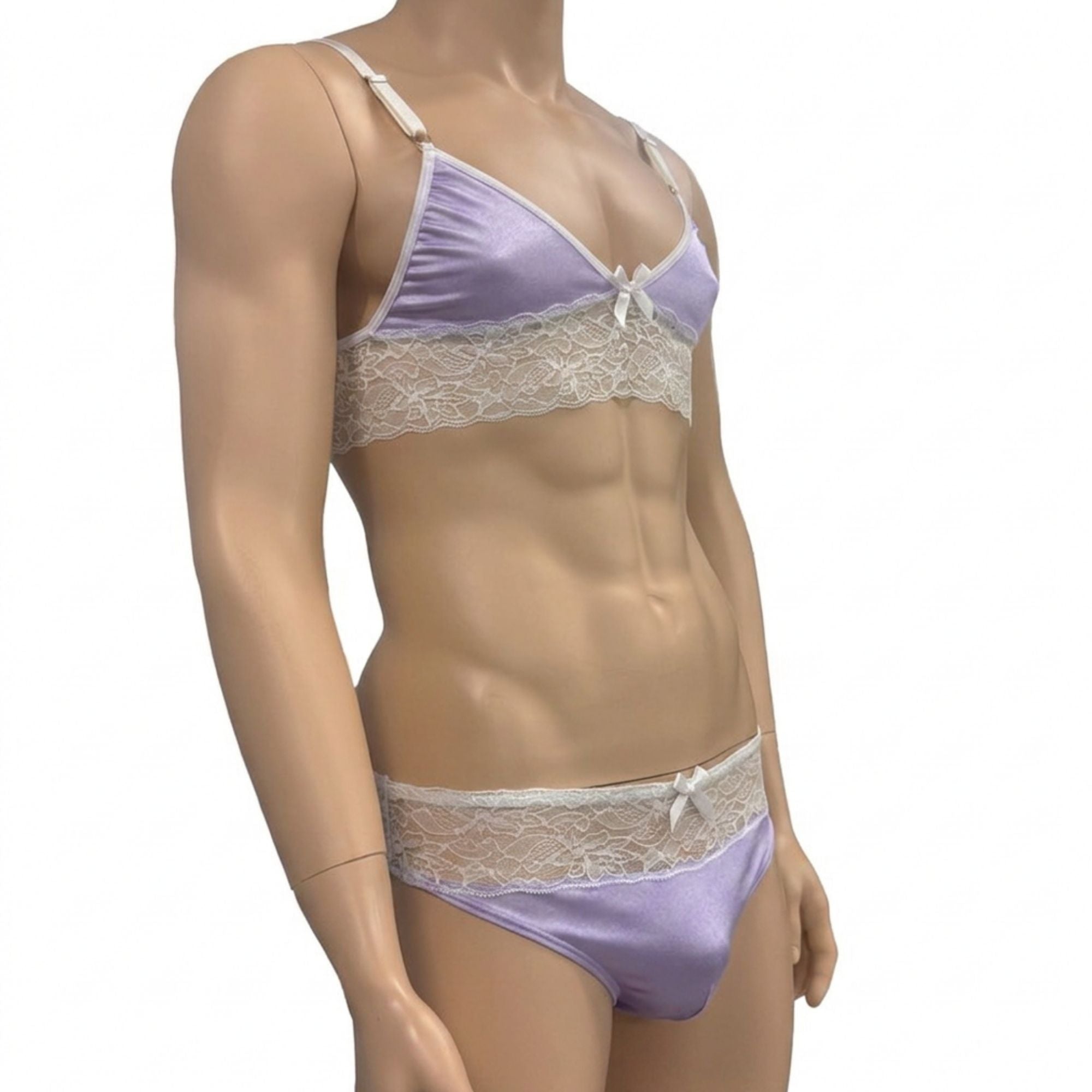 Mens Jackie & Lace Bra Top and Seamless Front Brief Lilac & White Lace