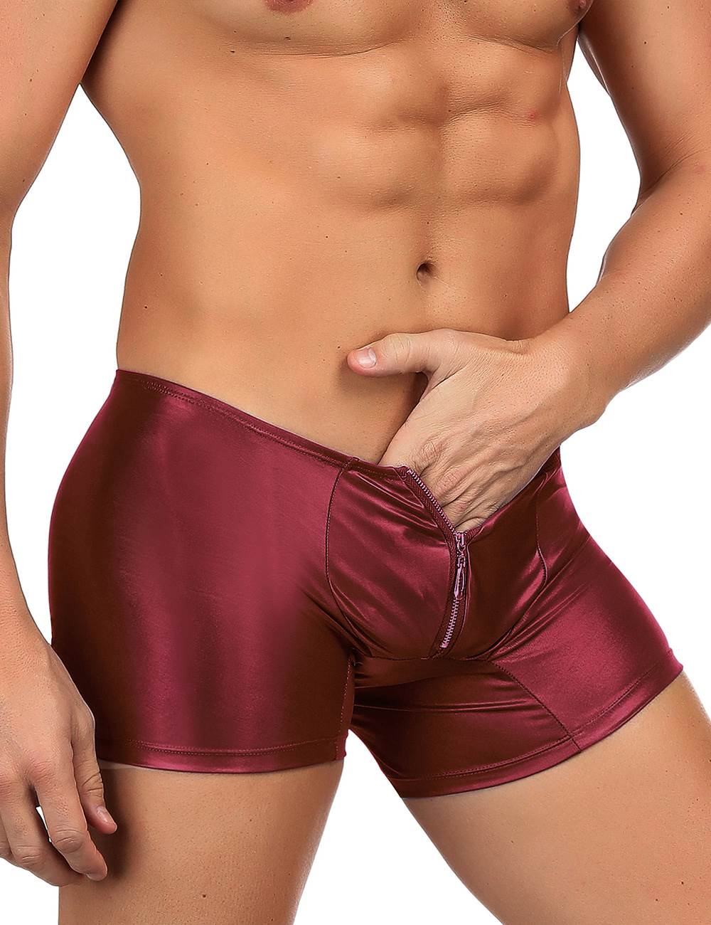 JCSTK -  Mens Wetlook Boxer Shorts with Zipper Pouch Front Burgundy