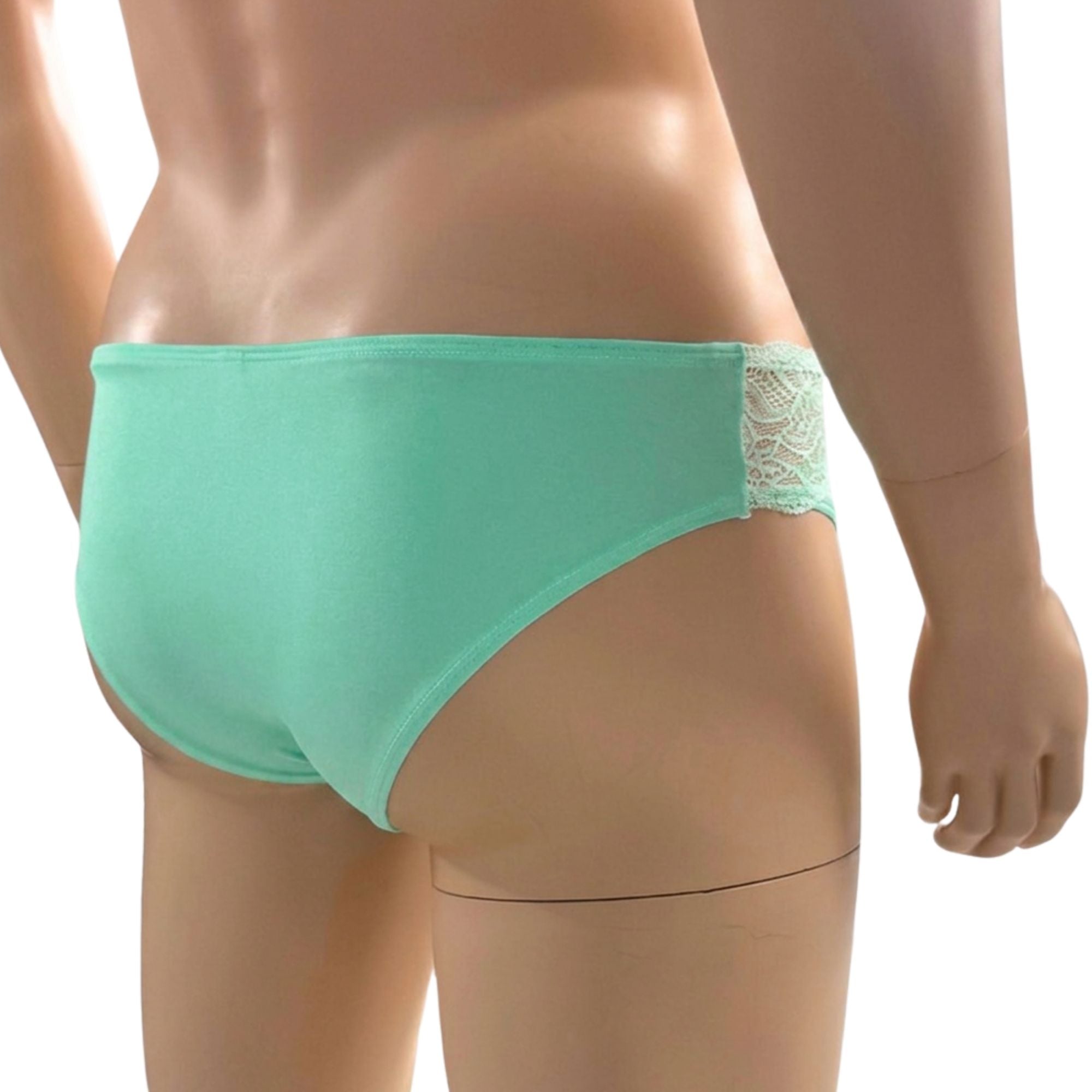 Mens Jackie Stretch Spandex Seamless Front Bikini Brief Mint & White Lace