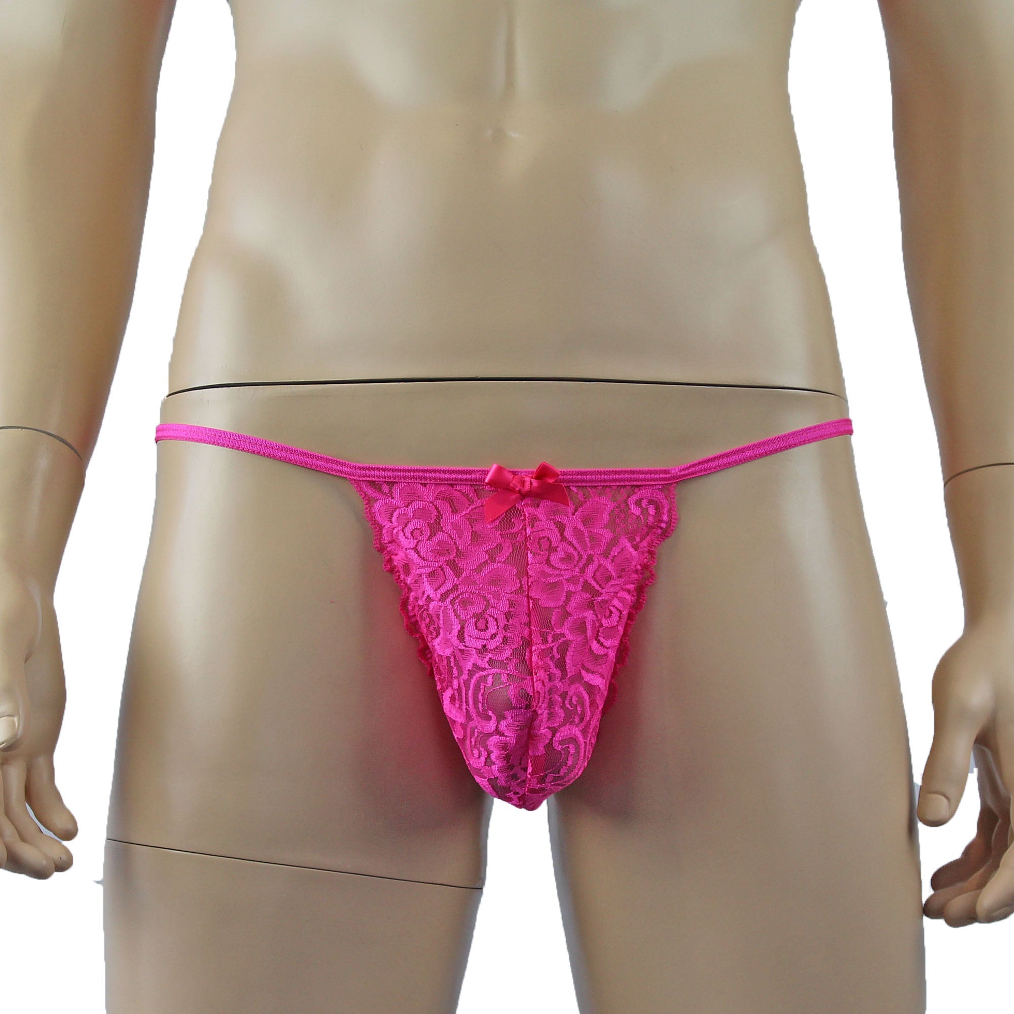 Mens Rebecca Pretty Floral Lingerie Lace Bra Top, Micro Mini Skirt and G string Hot Pink