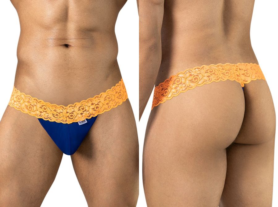 CandyMan 95015 Mens Daring Floral Lace Thongs Blue & Hot Orange