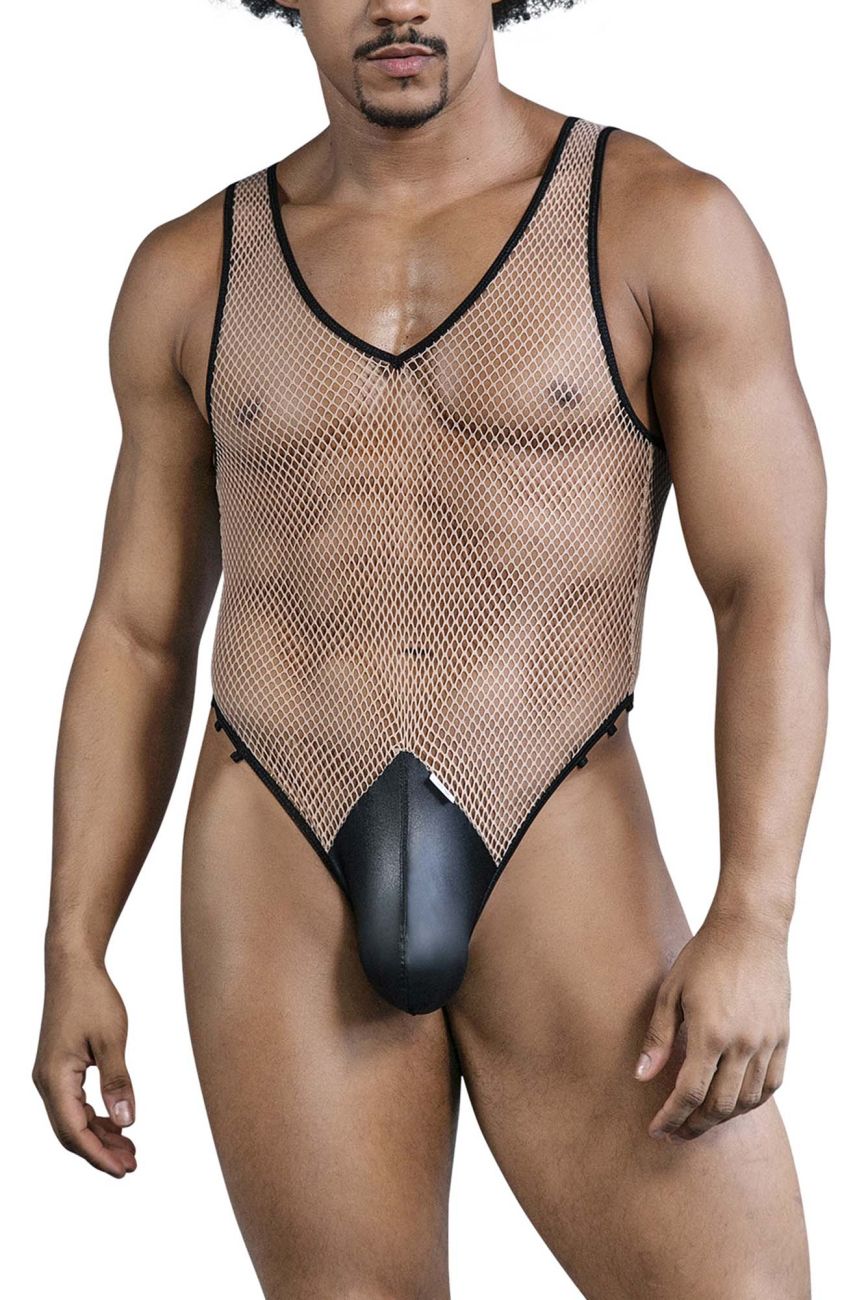 CandyMan 99858 Mens See-through Fishnet Bodysuit Beige-Black