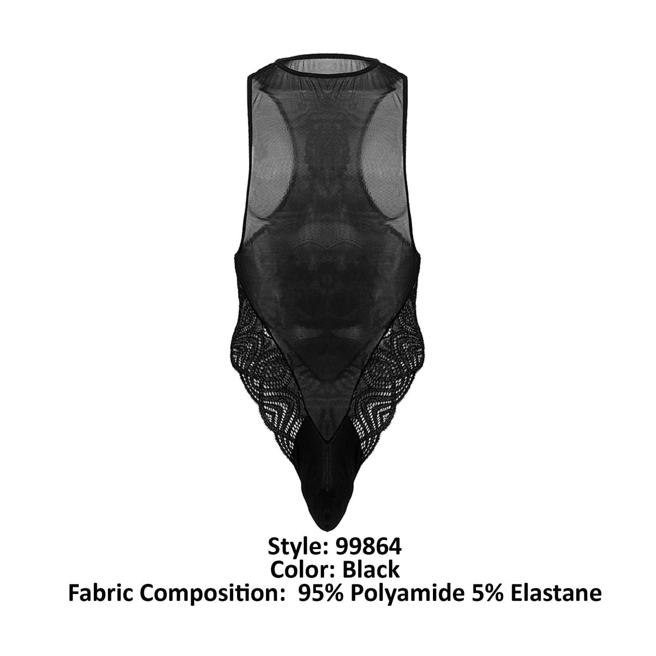 CandyMan 99864 Mens Sheer See-through Lace-Mesh Bodysuit Black