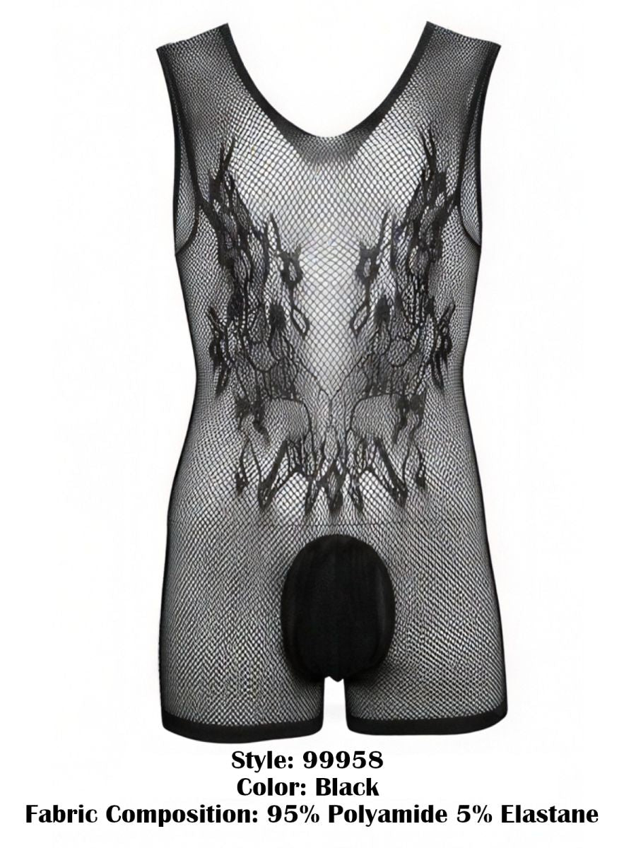 CandyMan 99958 Mens Stretch Fishnet Bodysuit with Lace Style Graphic Design Black