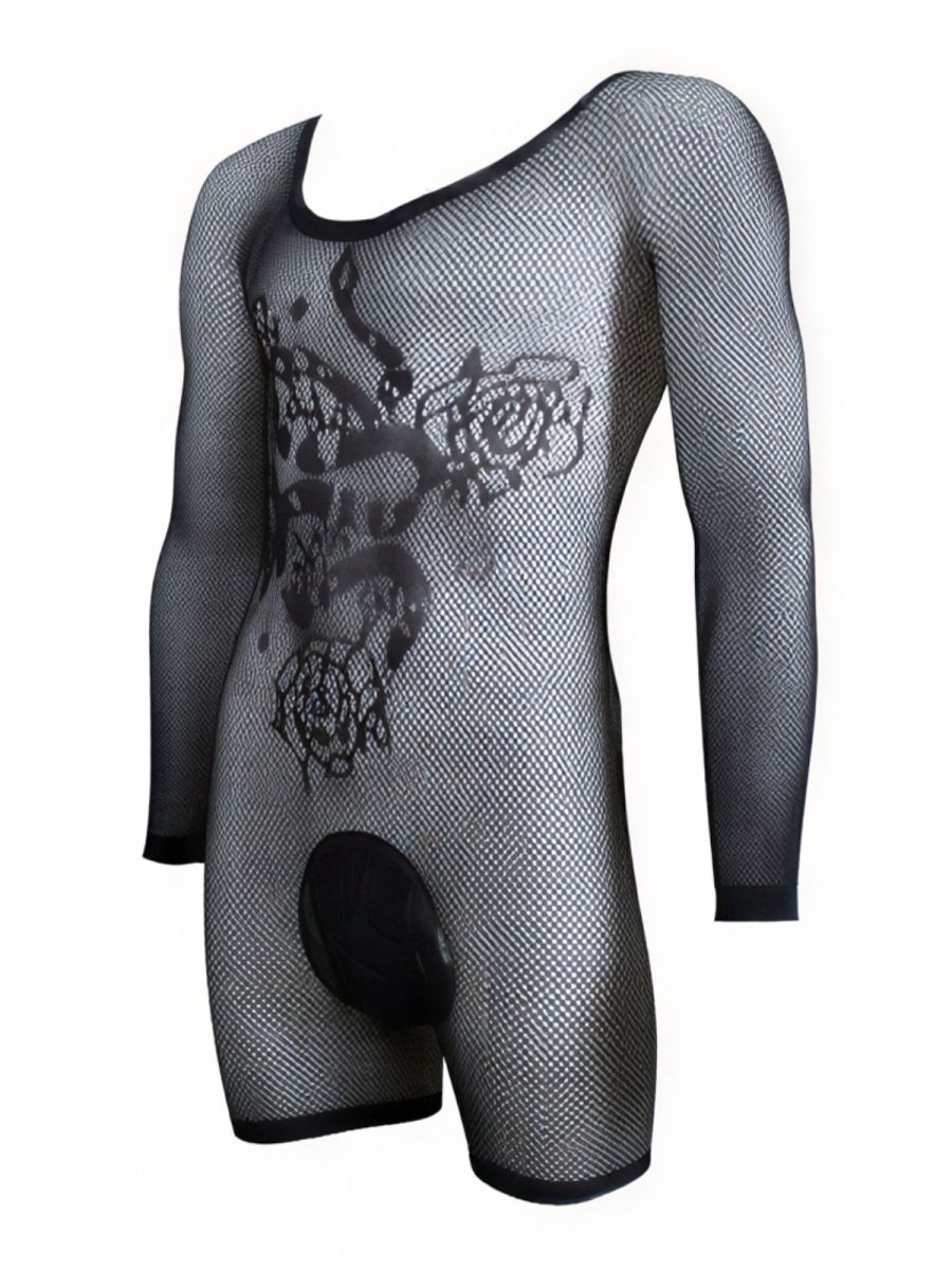 CandyMan 99959 Mens Stretch Fishnet Bodysuit with Graphic Tattoo Print Black