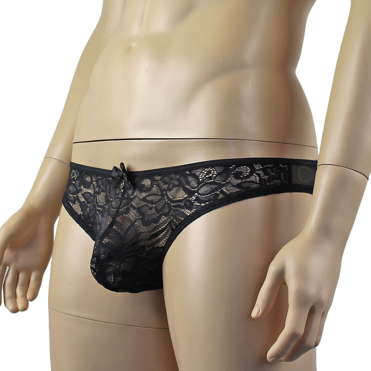 Mens Kristy Sexy Lace Thong Panties with Stretch Mesh Back Black