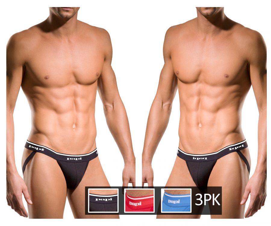 Papi 705910-999 3PK 1X1 Rib Jockstrap Black. Red & Turquoise