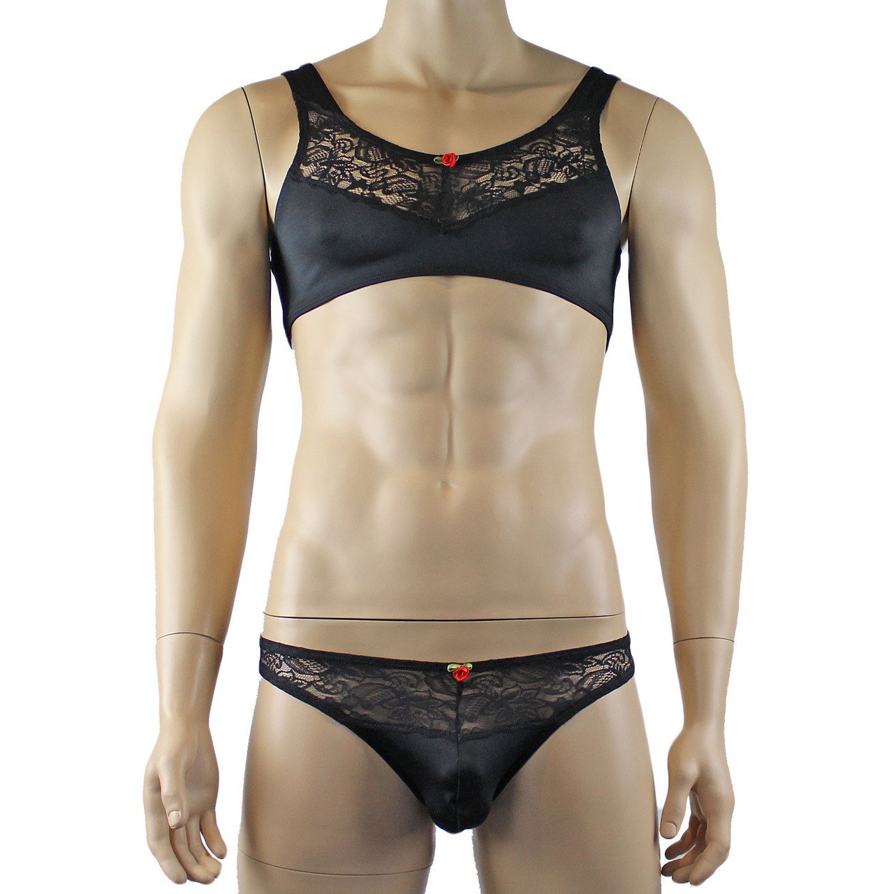 Male Penny Lingerie Bra Top with V Lace front and Capri Bikini Black