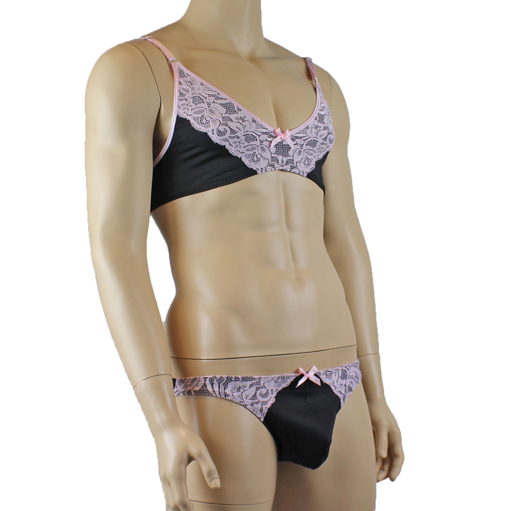 Mens Isabel Bra Top and Bikini Brief Male Lingerie Black & Light Pink Lace