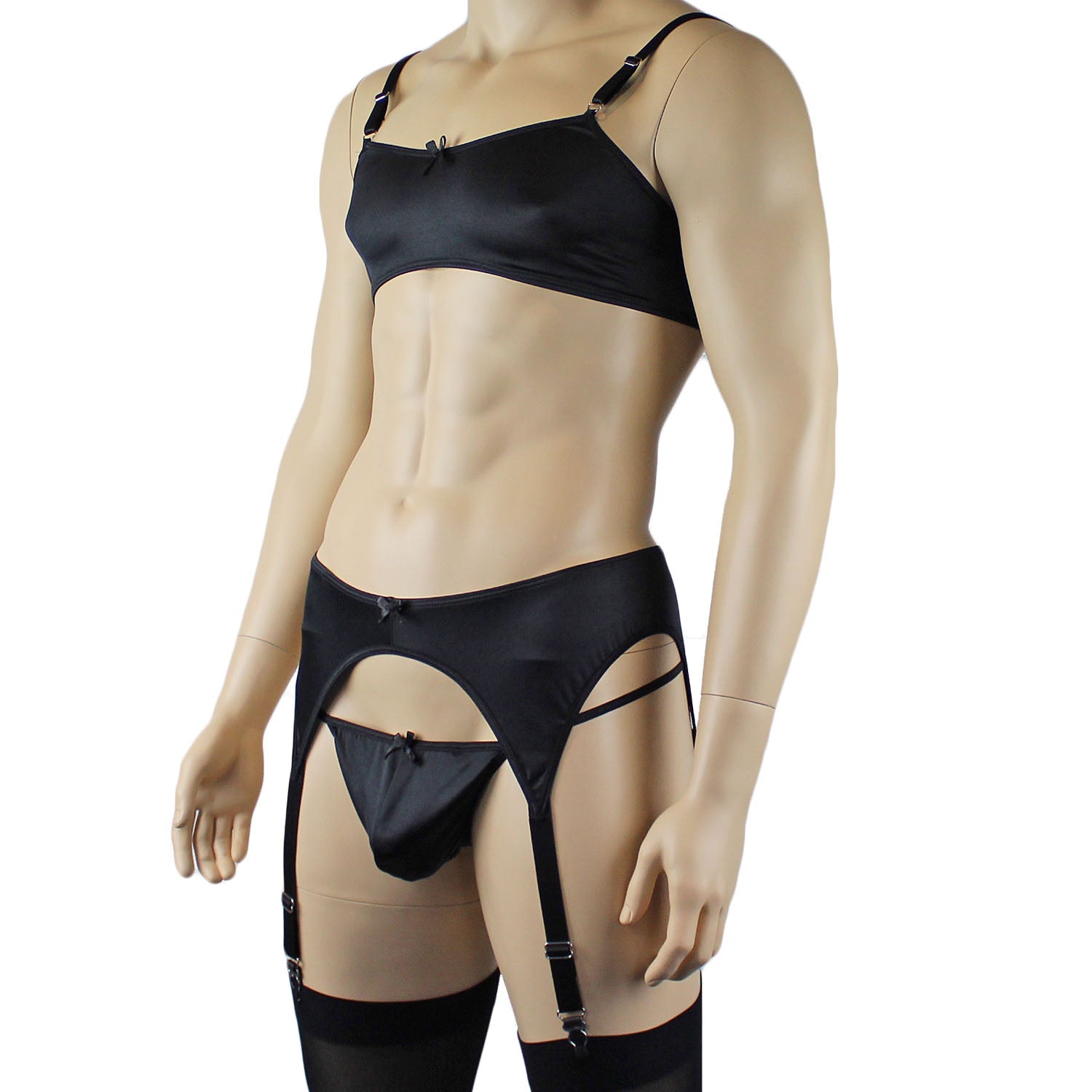Mens Jenny Satin Spandex Bra Top, G string and Garterbelt Lingerie Black