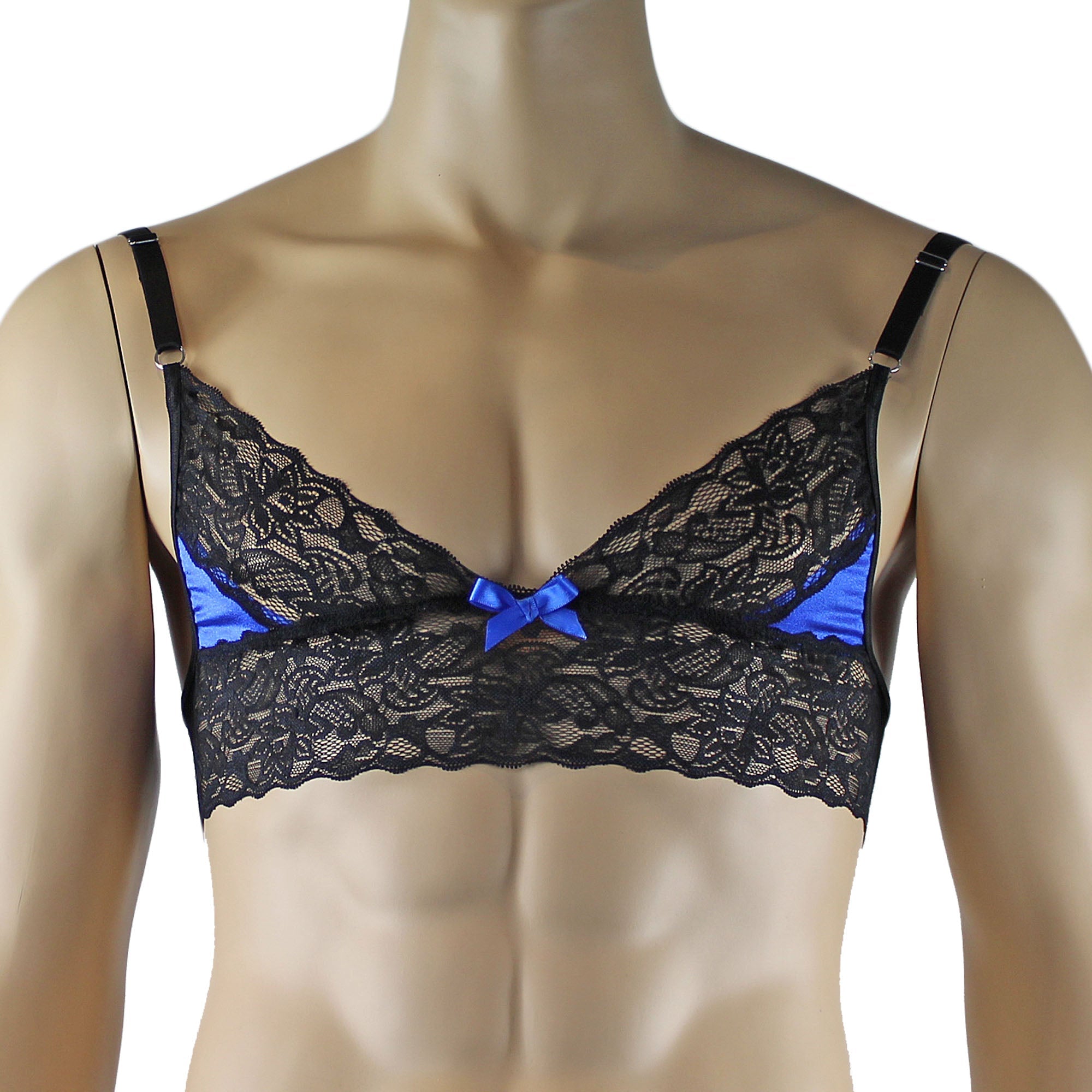 Mens Joanne Lace Bra Top Lingerie and Thong for Men Blue and Black Lace
