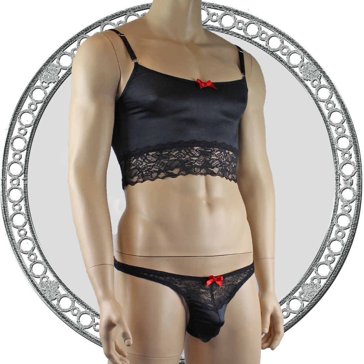 Mens Satin & Lace Crop Cami Top with Sexy Thong Black