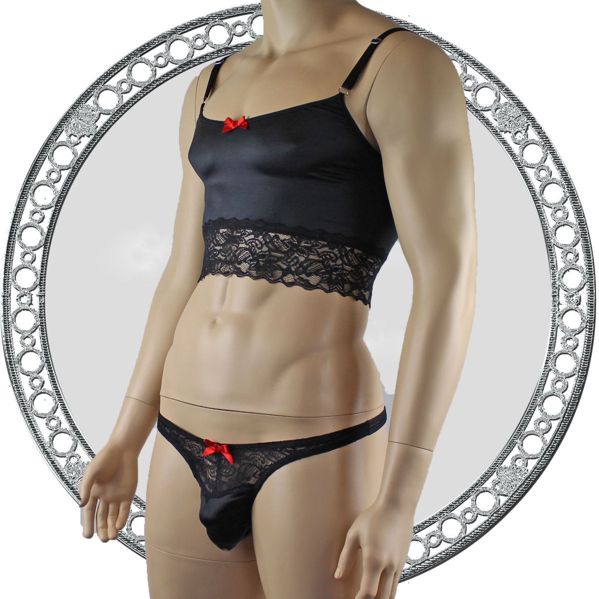 Mens Satin & Lace Crop Cami Top with Sexy Thong Black