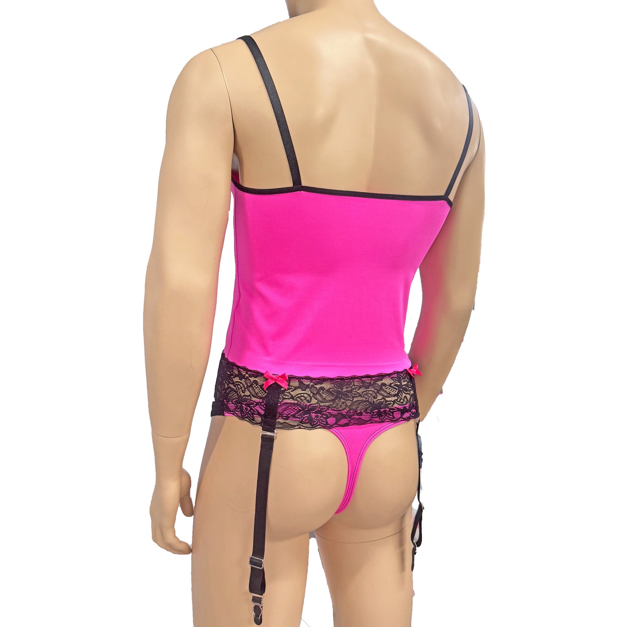 Mens Joanne Camisole Bustier Garter Top with Thong & Stockings - Sizes up to 3XL Hot Pink and Black Lace