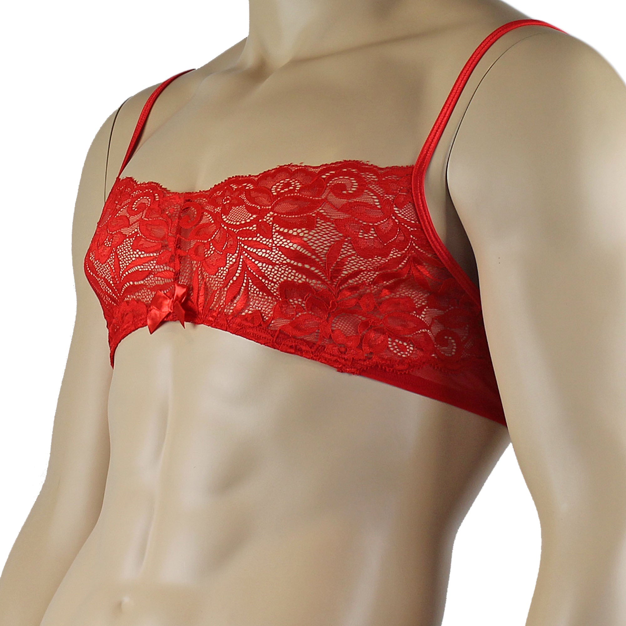 Mens Kristy Lace & Mesh Bra Top BR02L with thin Straps Red
