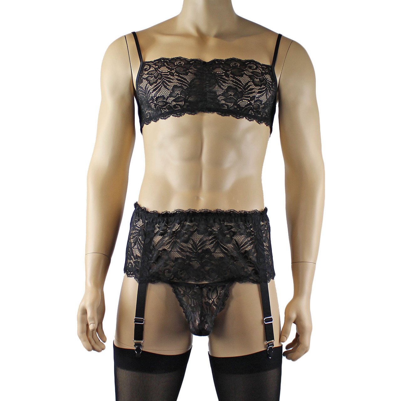 Mens Sexy Lace Camisole Top, Capri Panties & Garterbelt Black