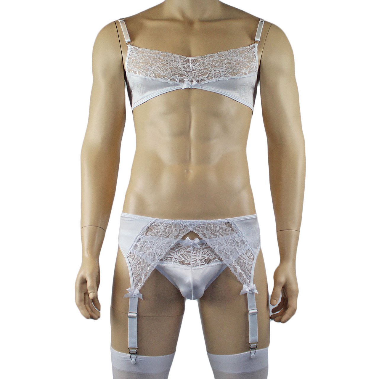 Male Romance Stretch Spandex Bra, G string Thong & Garterbelt White Male Romance Stretch Spandex Bra, G string Thong & Garterbelt White