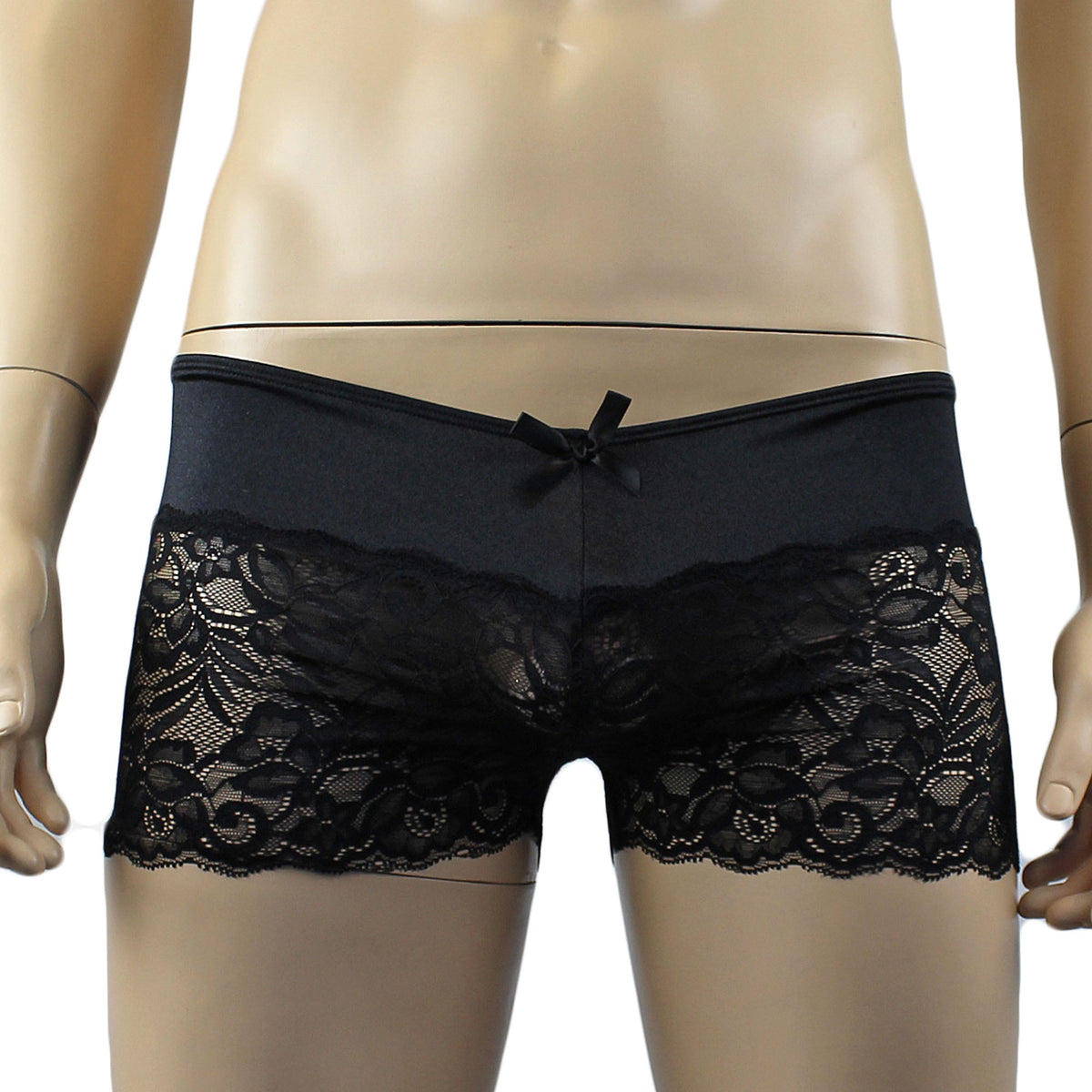Mens Risque Bra Top, Boxer Briefs with Detachable Garters & Stockings Black & Black Lace