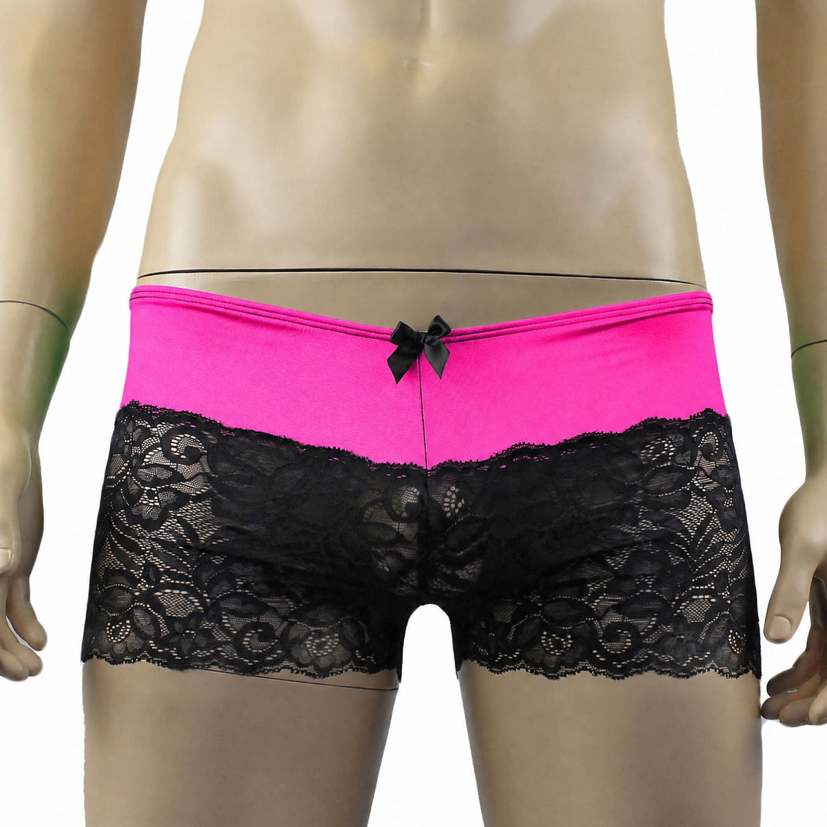 Mens Risque Boxer Briefs with Detachable Garters & Stockings Neon Pink and Black Lace