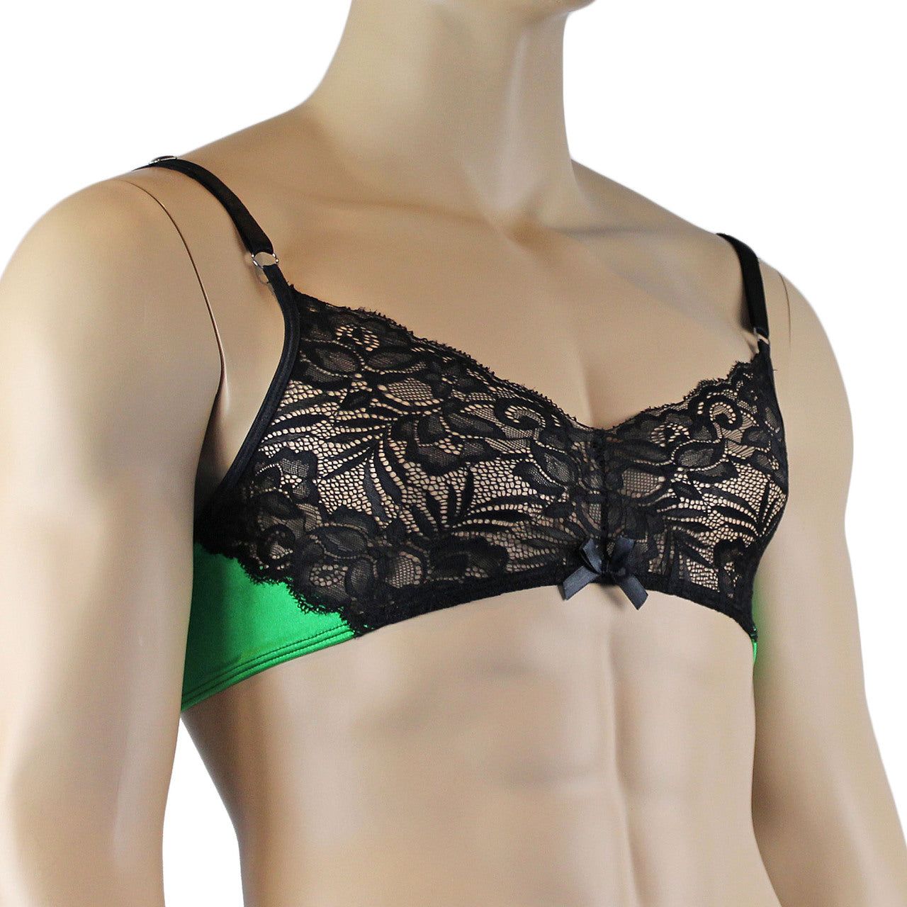 Mens Risque Bra Top with Wide Floral Lace Neon Green & Black Lace