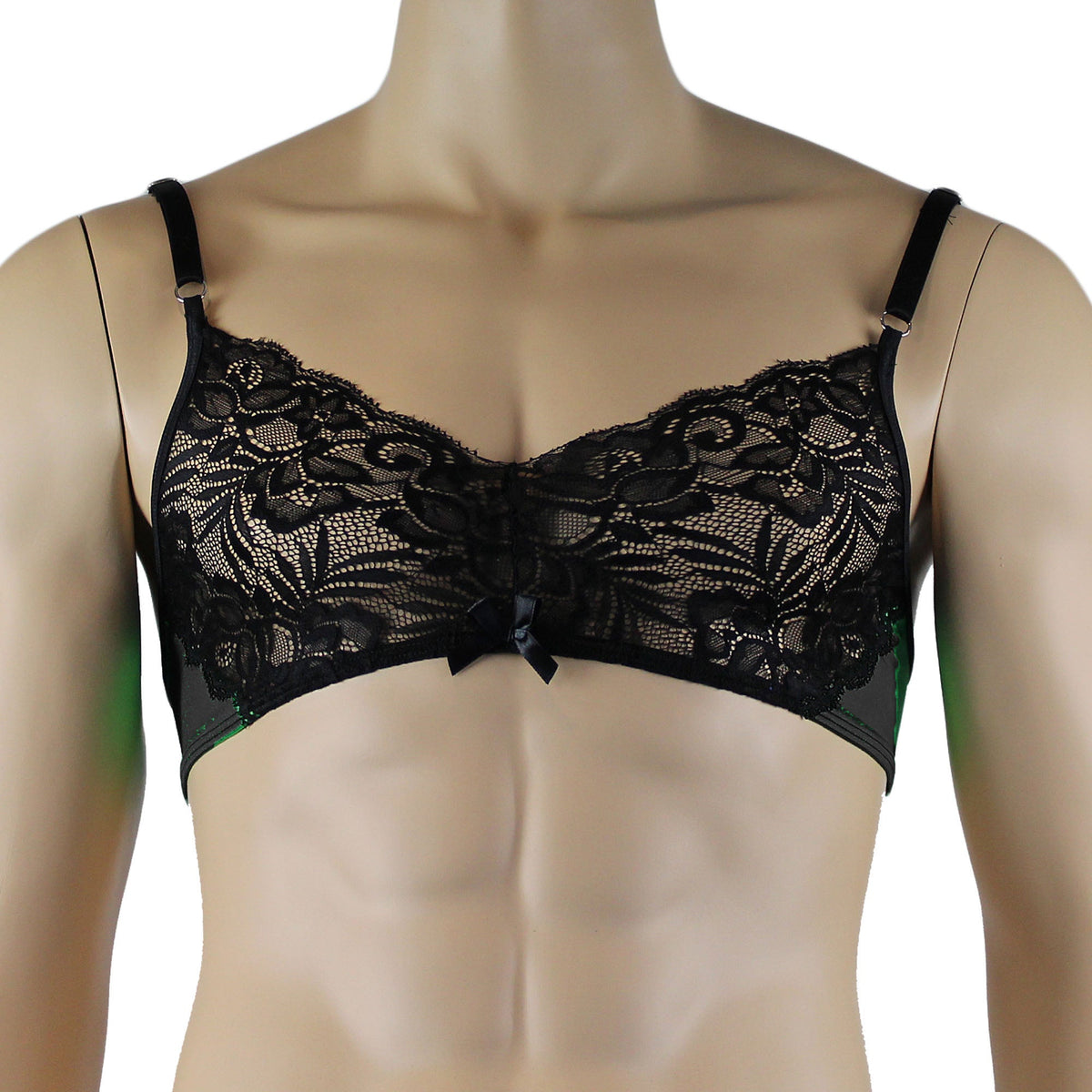 Mens Risque Bra Top, Boxer Briefs with Detachable Garters & Stockings Black & Black Lace
