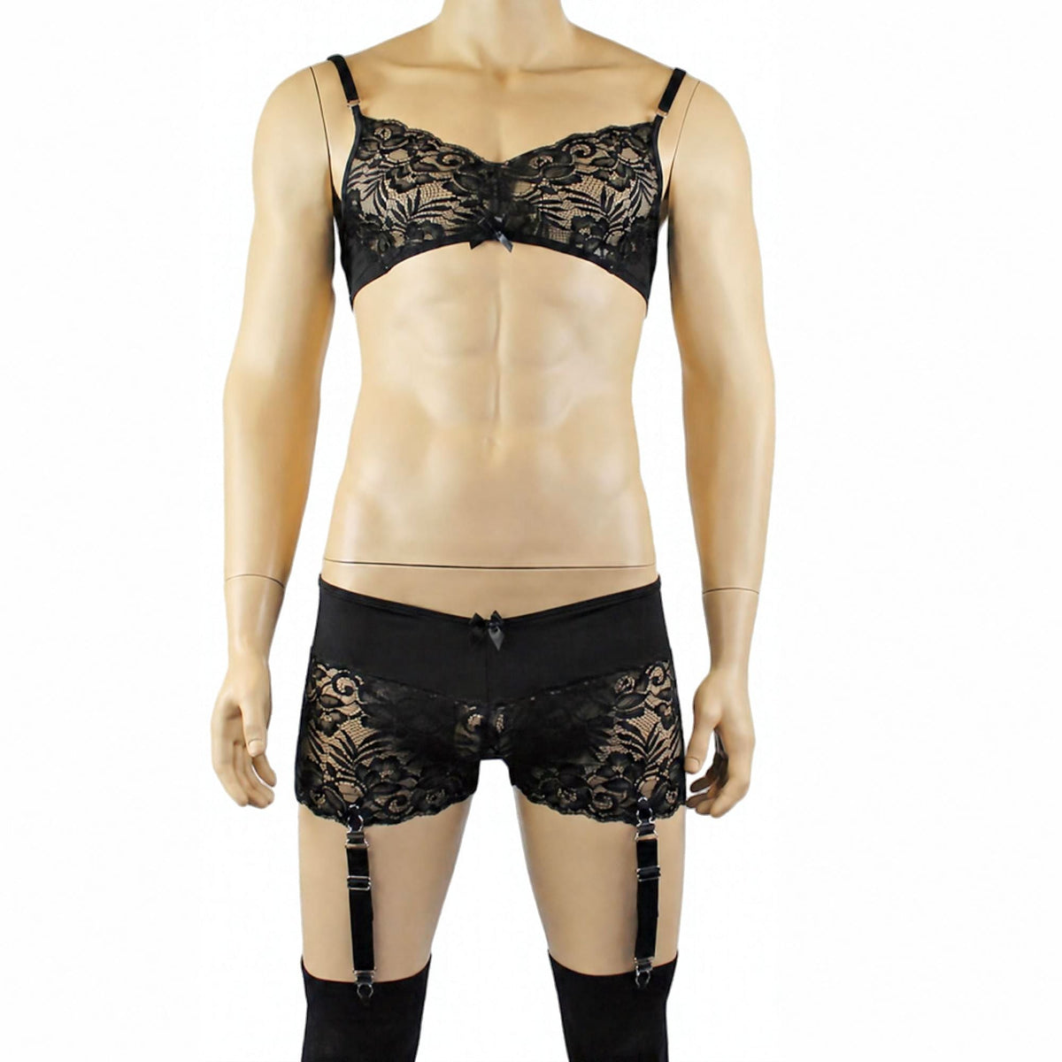 Mens Risque Bra Top, Boxer Briefs with Detachable Garters & Stockings Black & Black Lace