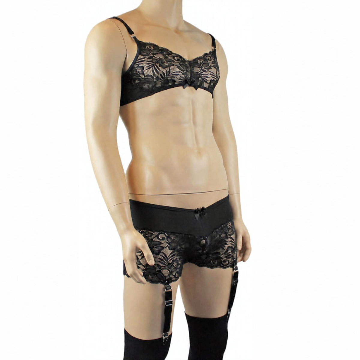Mens Risque Bra Top, Boxer Briefs with Detachable Garters & Stockings Black & Black Lace