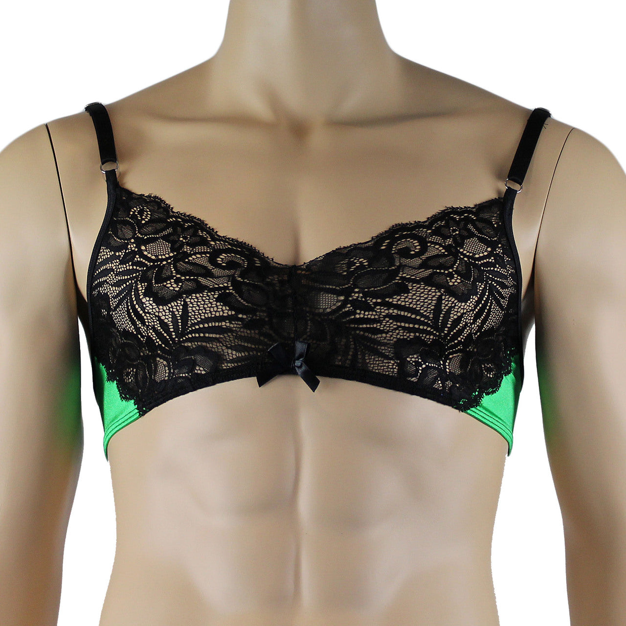 Mens Risque Bra Top with Wide Floral Lace Neon Green & Black Lace