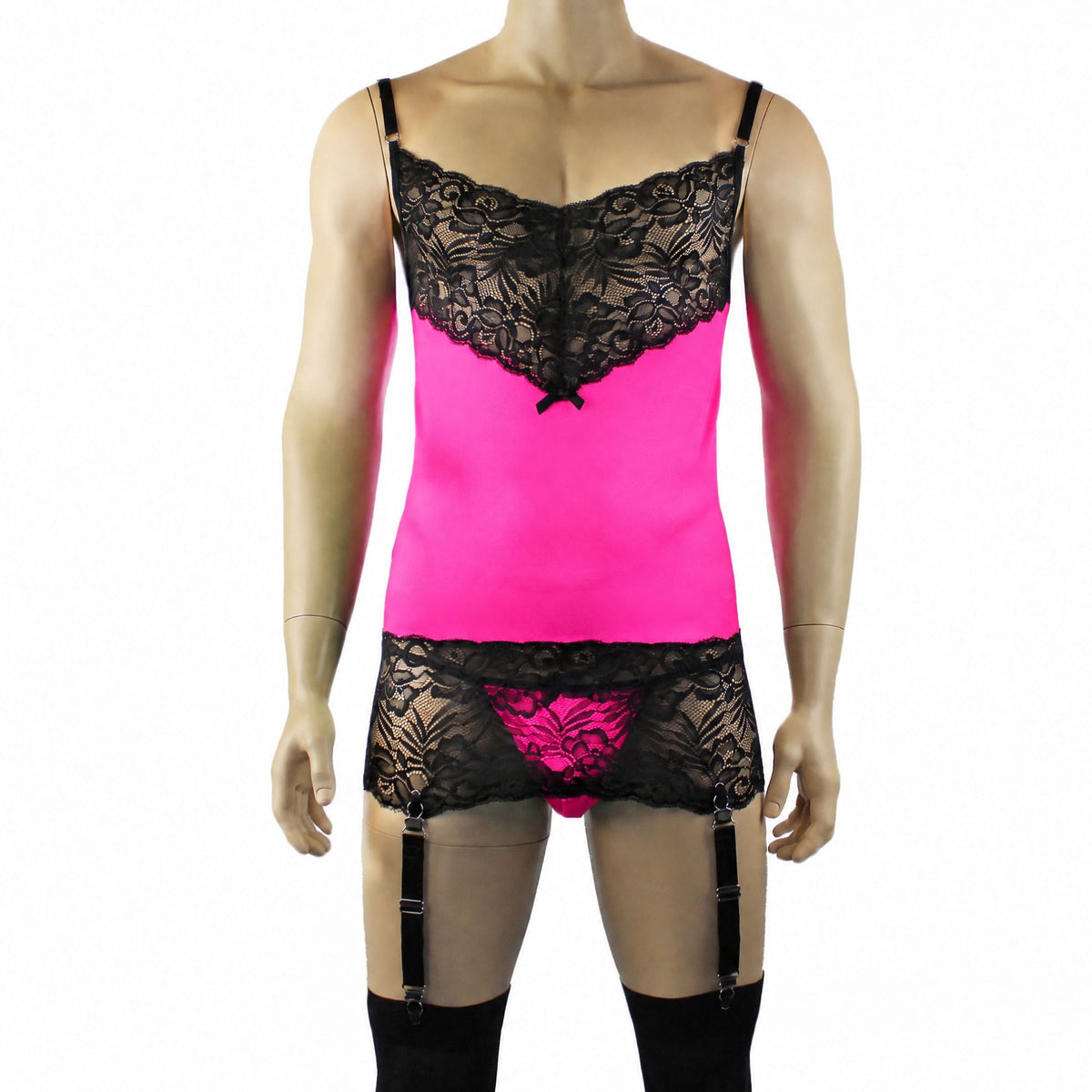 Mens Risque Camisole Mini Dress Chemise, G string & Stockings Neon Pink & Black