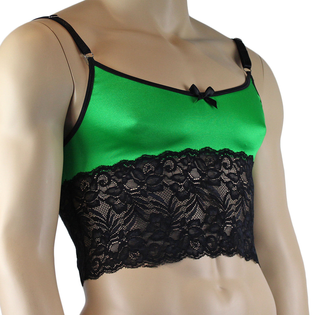 Mens Risque Camisole Bra Top with Wide Lace Trim (neon green and black lace plus other colours)