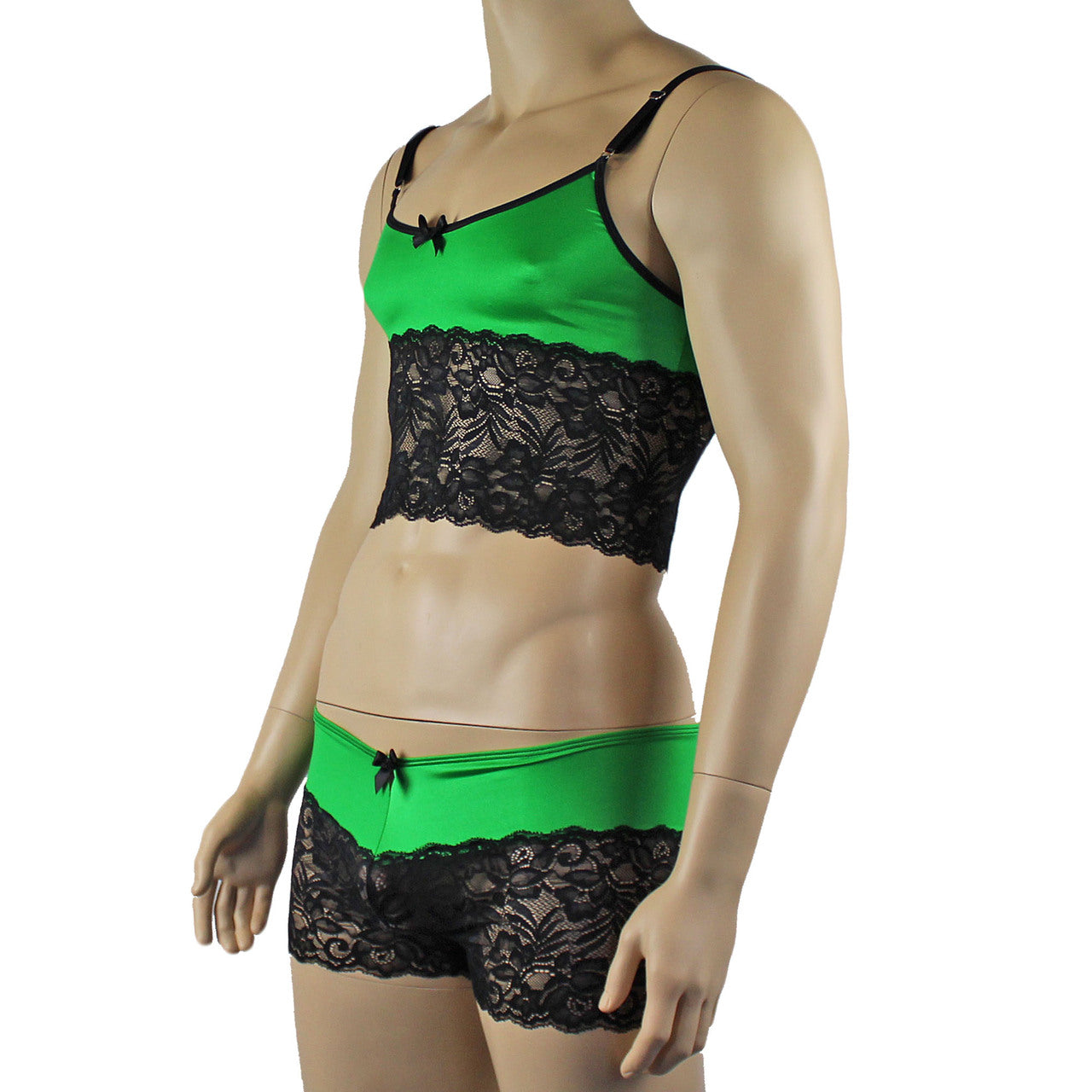 Mens Risque Camisole Top Boxer Briefs Neon Green and Black Lace