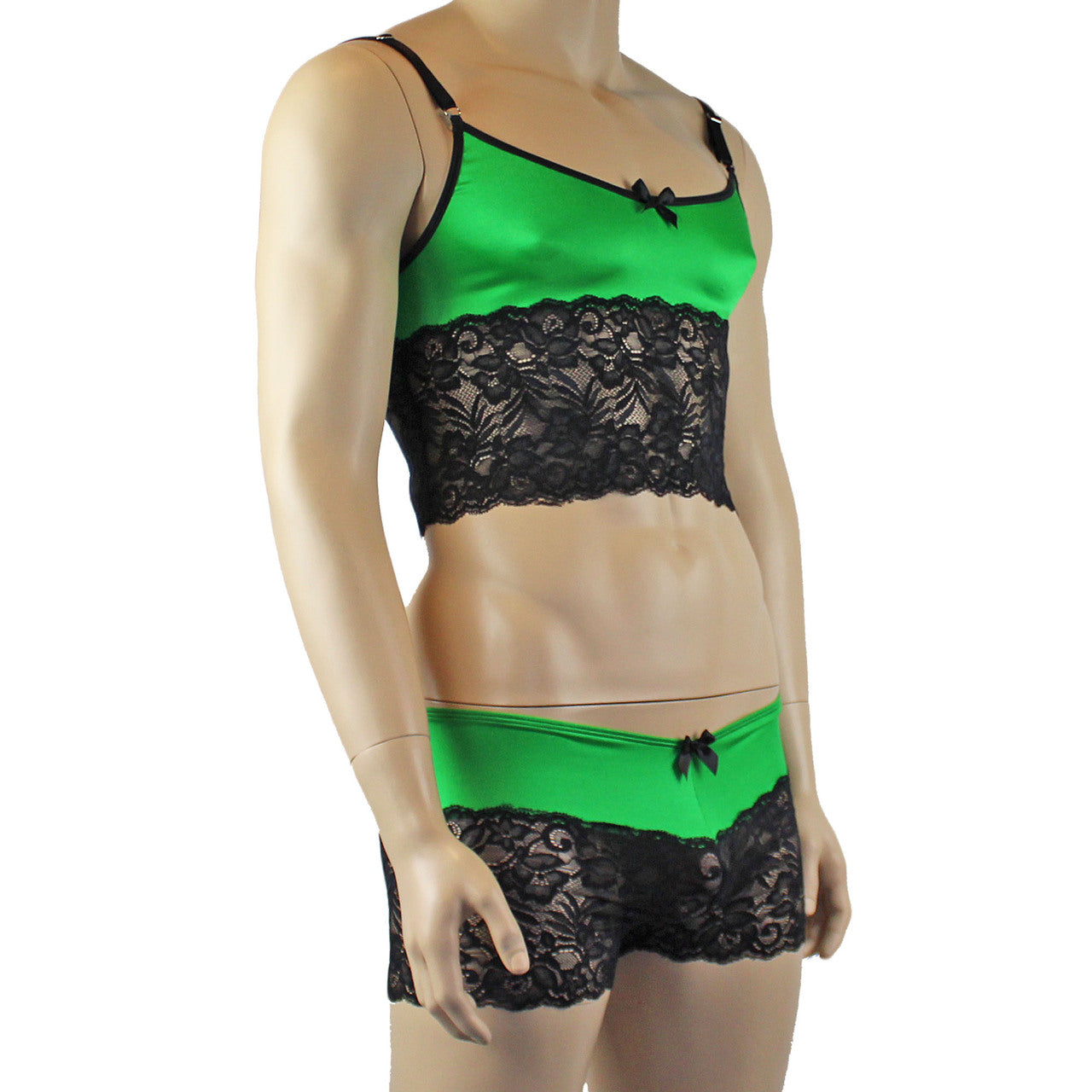 Mens Risque Camisole Top Boxer Briefs Neon Green and Black Lace