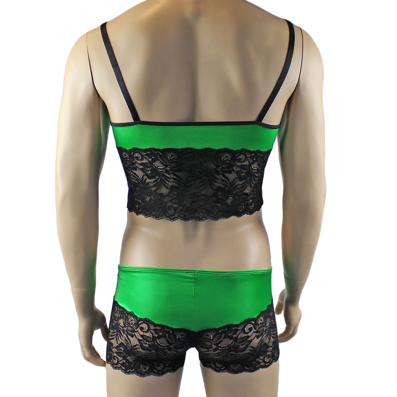 Mens Risque Camisole Top Boxer Briefs Neon Green and Black Lace