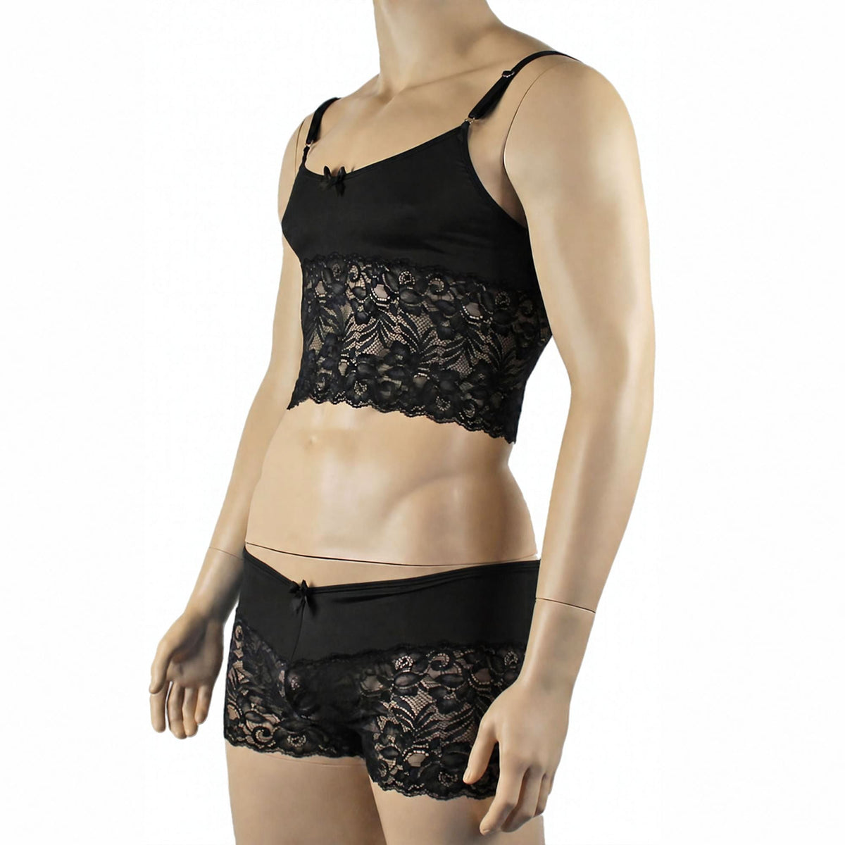 Mens Risque Camisole Top Boxer Briefs Neon Black & Black Lace