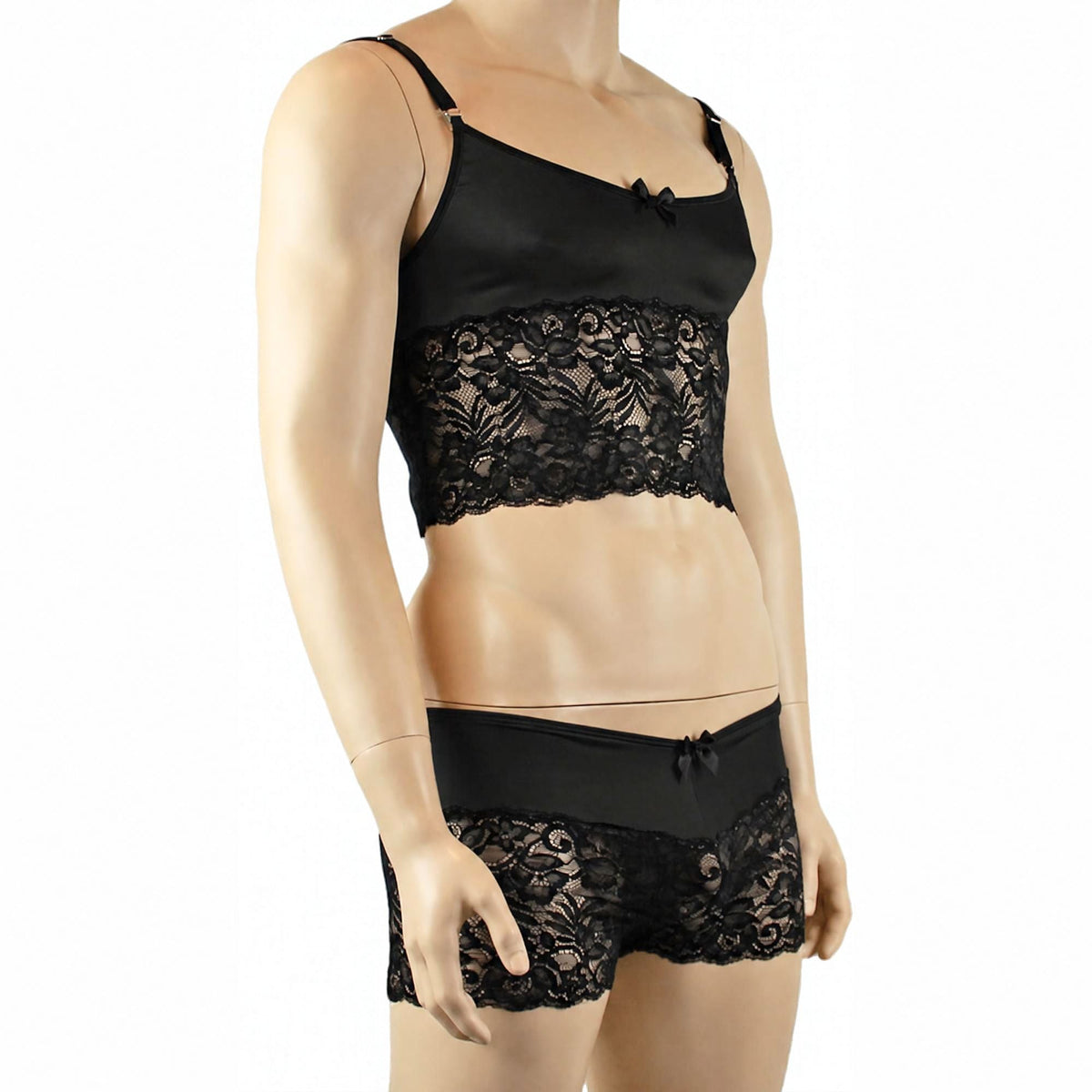 Mens Risque Camisole Top Boxer Briefs Neon Black & Black Lace