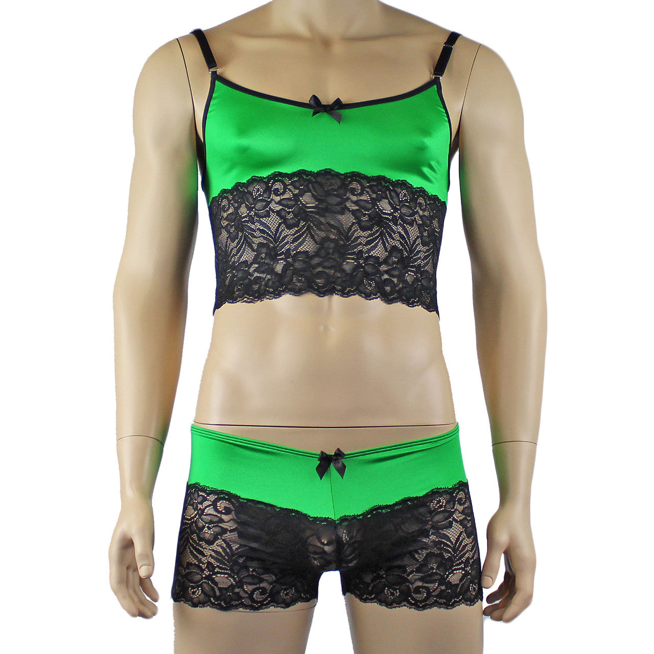 Mens Risque Camisole Top Boxer Briefs Neon Green and Black Lace