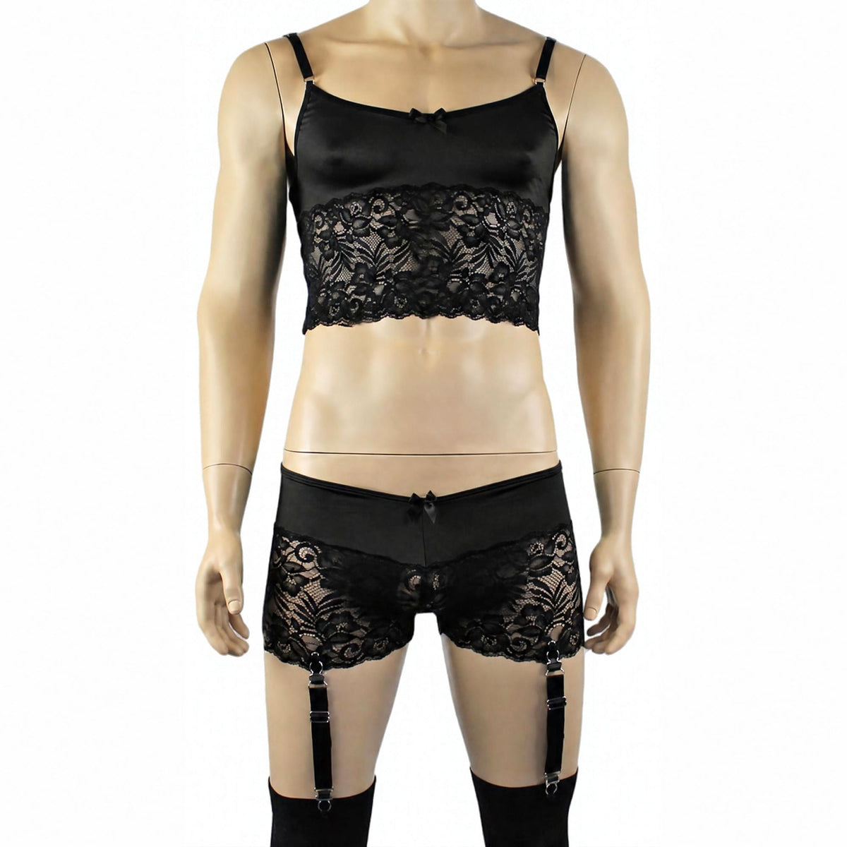 Mens Risque Camisole Top Boxer Briefs with Garters Black & Black Lace