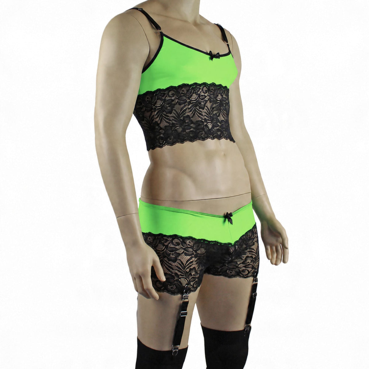 Mens Risque Camisole Top Boxer Briefs with Garters Neon Green & Black Lace