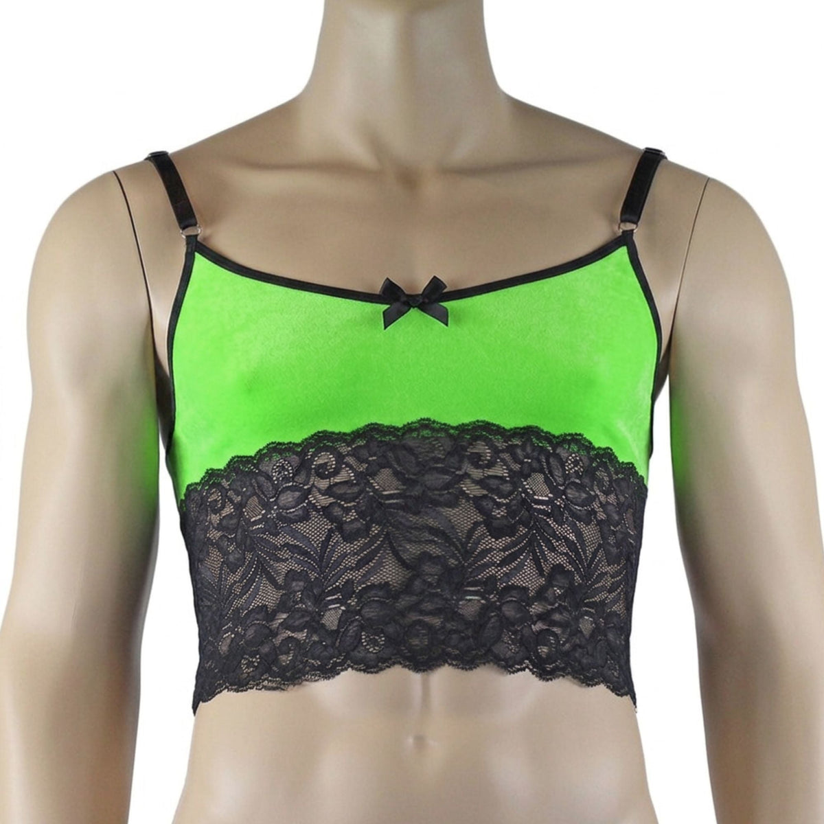 Mens Risque Camisole Top Boxer Briefs with Garters Neon Green & Black Lace
