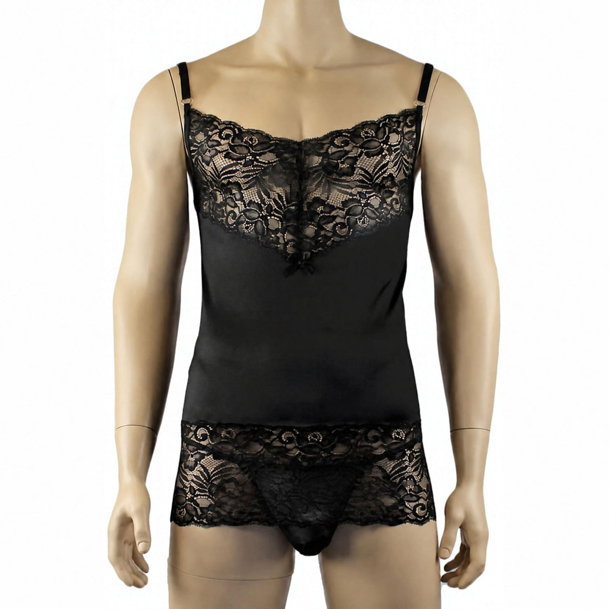 Mens Risque Camisole Mini Dress Chemise, G string & Stockings Black & Black