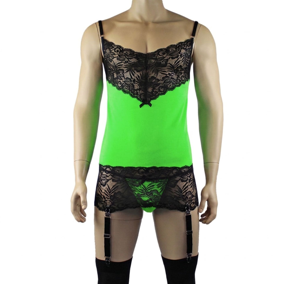 Mens Risque Camisole Mini Dress Chemise, G string & Stockings Neon Green & Black
