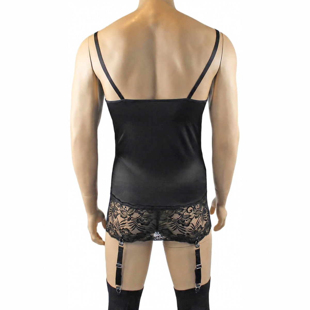 Mens Risque Camisole Mini Dress Chemise, G string & Stockings Black & Black