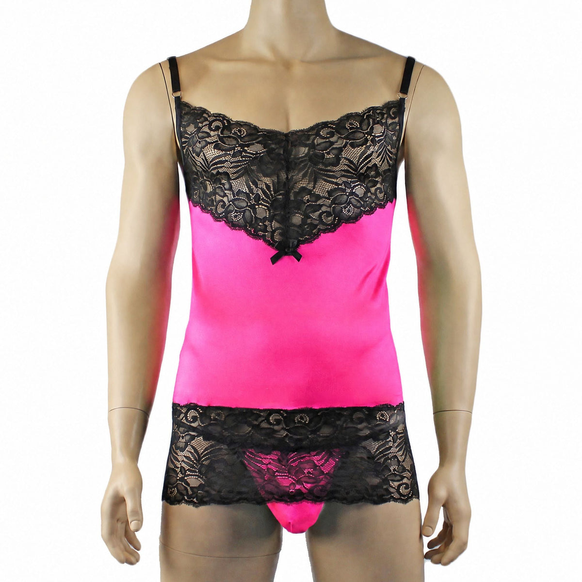 Mens Risque Camisole Mini Dress Chemise, G string & Stockings Neon Pink & Black