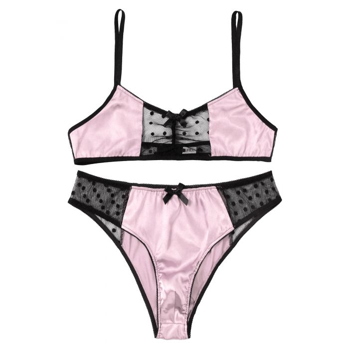 Mens Sissy Satin and Lace Bra & Panty Set Light Pink & Black