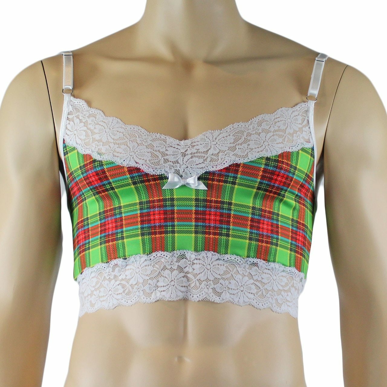 Mens Plaid Tartan Camisole Top & Bikini Brief Green and Red