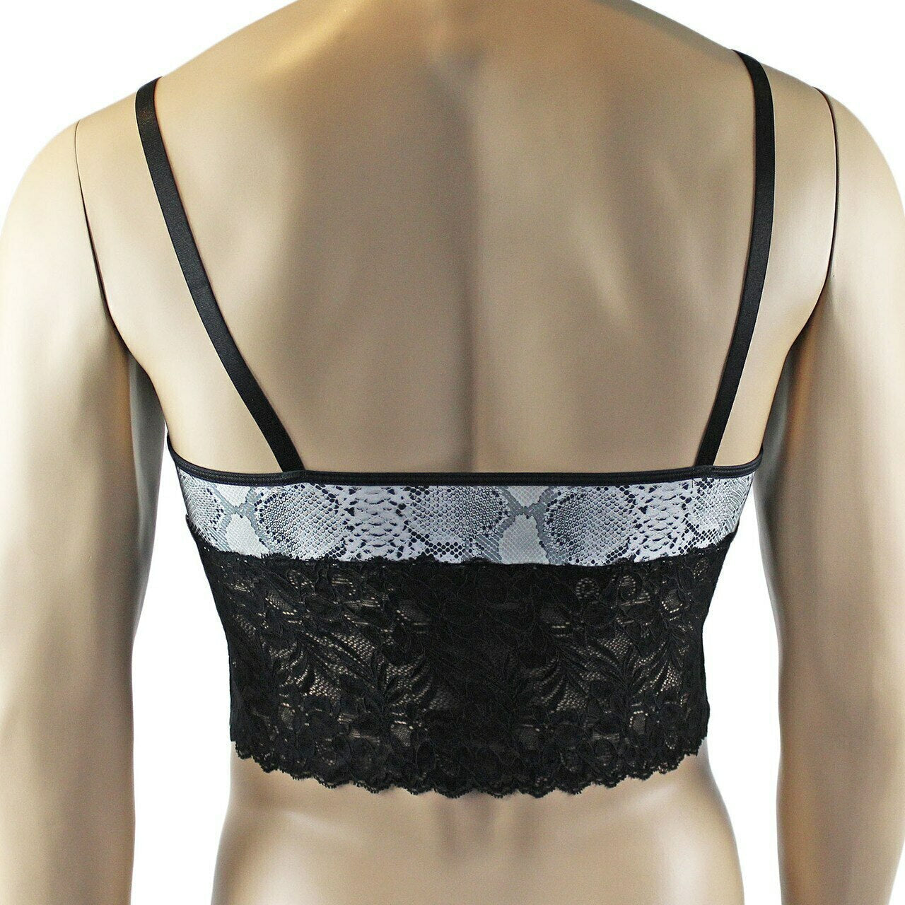 Mens Bra Top Camisole and Brief in Grey Snake Print & Black Lace