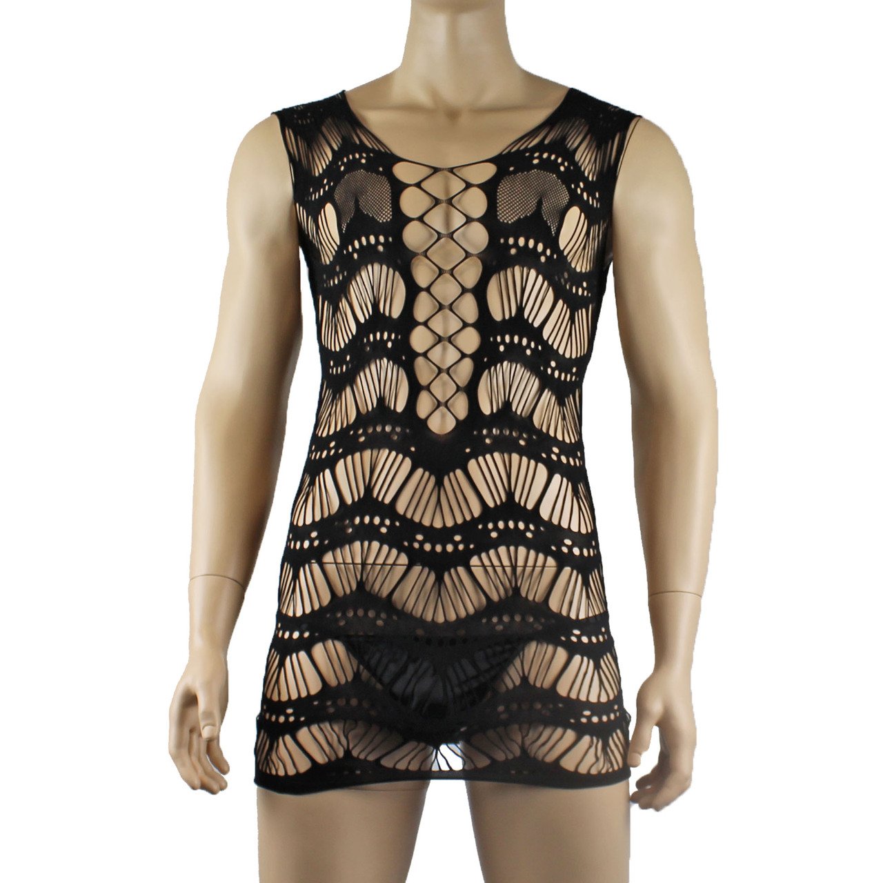 Unisex Stretch Micro Mini Dress Chemise with Strappy Detail Black