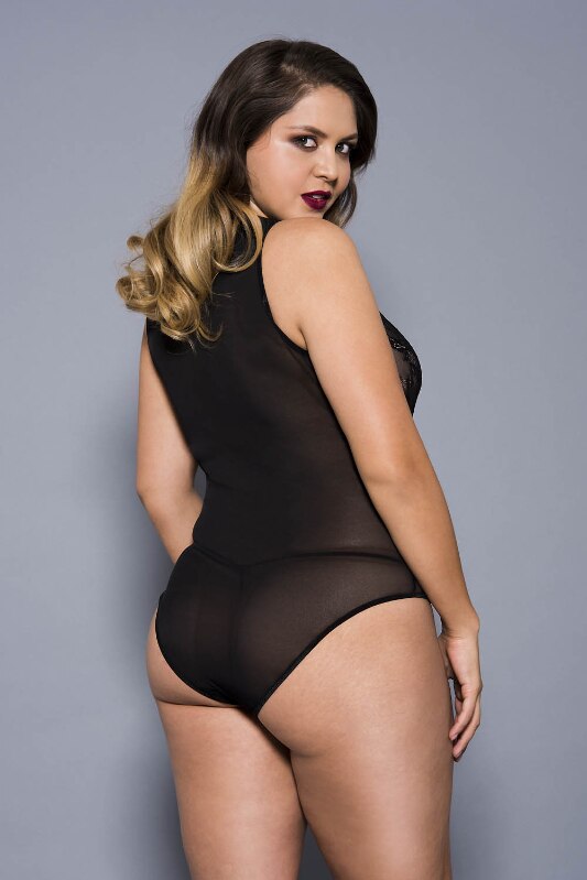 Glitter Flower Lace and Sheer Mesh Teddy Bodysuit Black