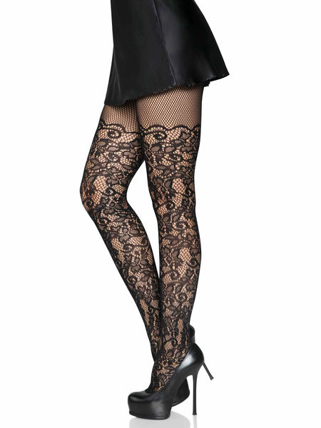 SALE - Stretch Fishnet Floral Vine Pantyhose Black