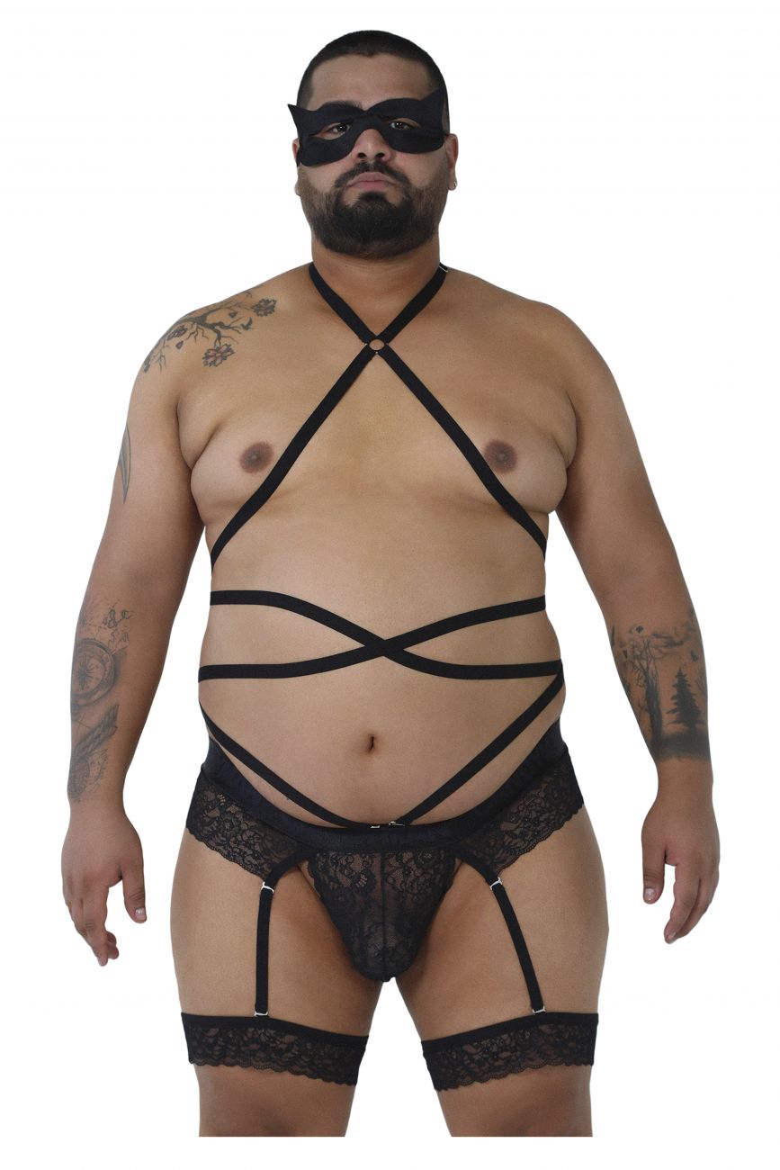 CandyMan 99483X Lace Garter Bodysuit Black Plus Sizes